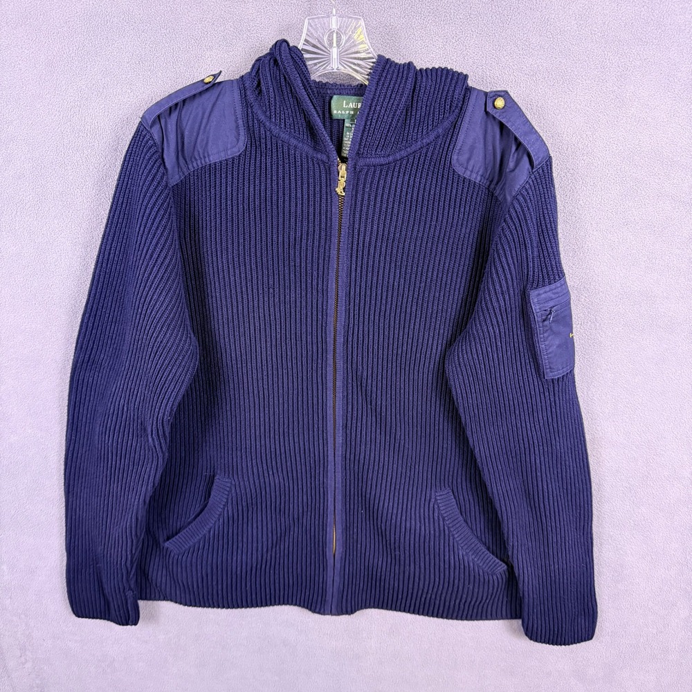 VTG Y2K Lauren Ralph Lauren Ribbed Knit Hooded Sweater Jacket Women 1X Military